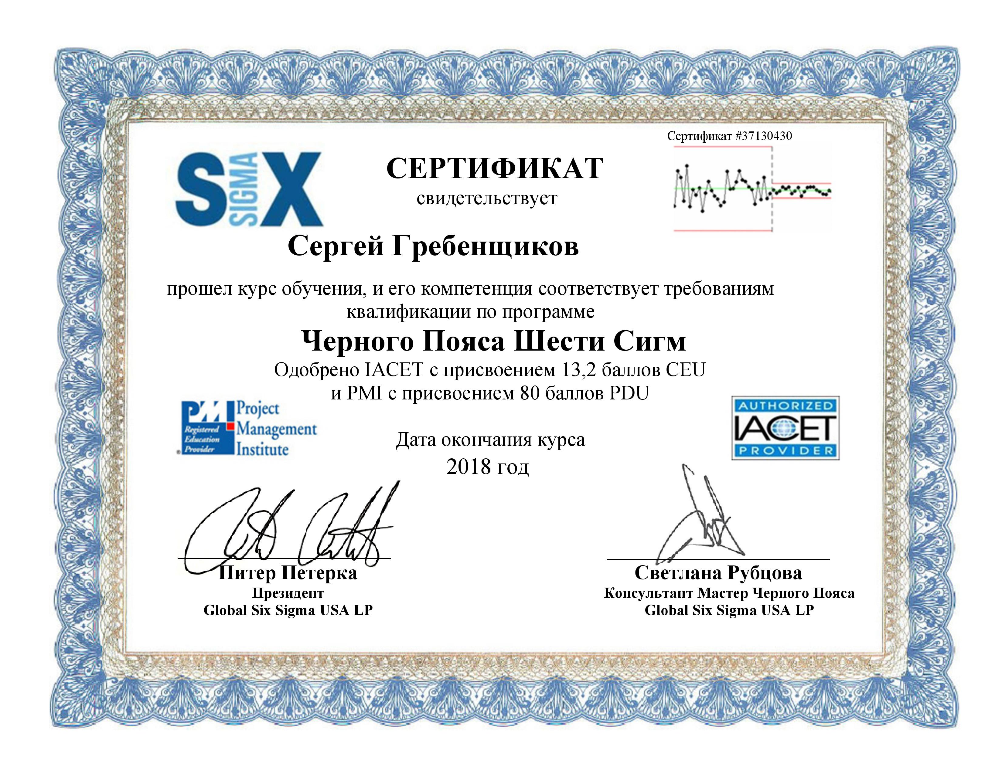 Сертификат Черного Пояса Six Sigma Гребенщиков С.А.Э